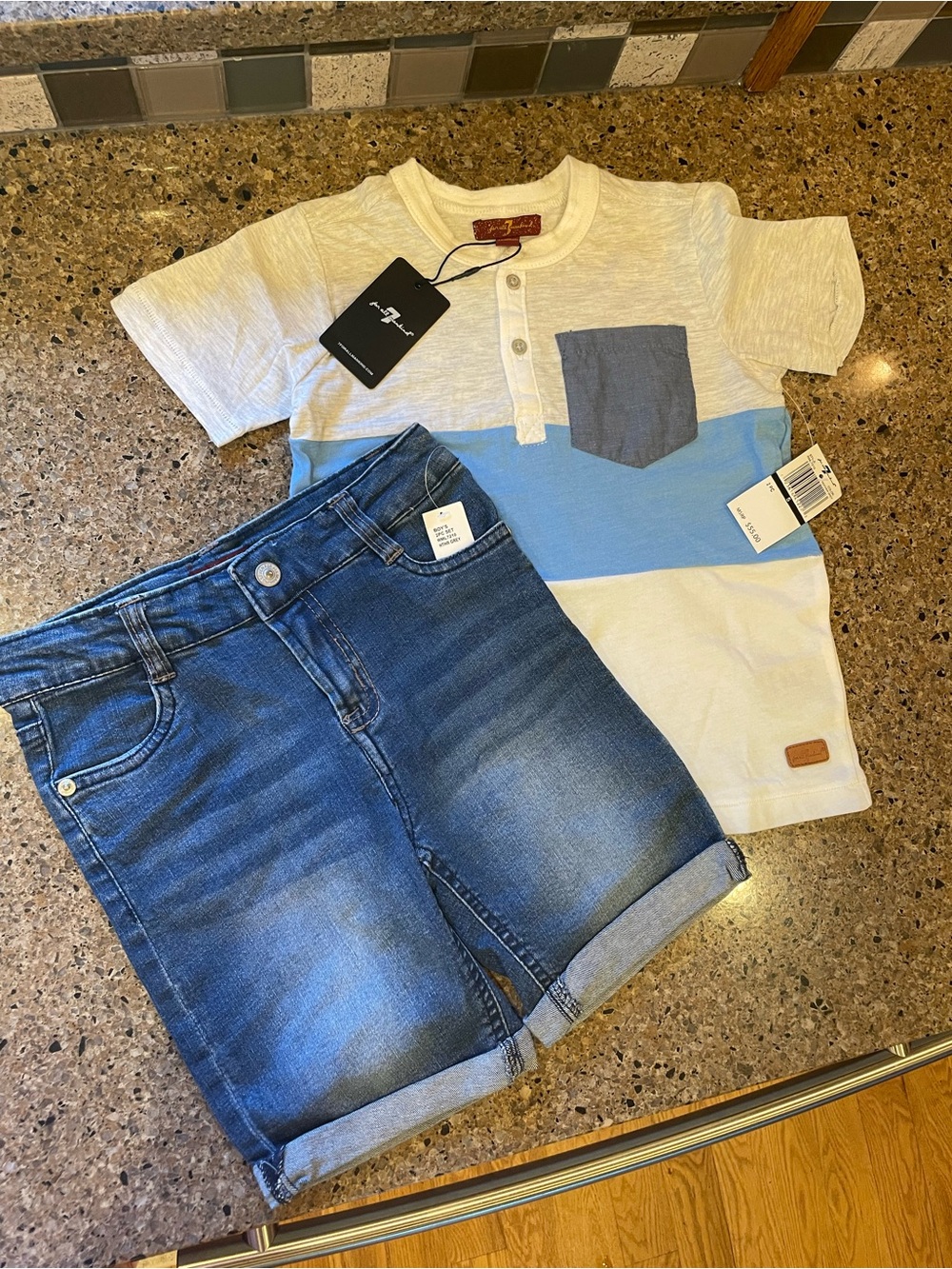Boys Colorblock Short Sleeve Henley Tee with Pocket - Blue/White